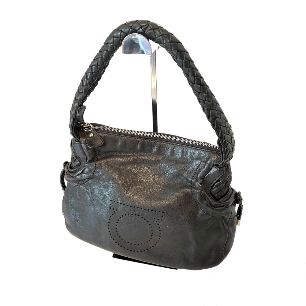 Salvatore Ferragamo Leather Gancini Perforated Woven Handle Shoulder Bag